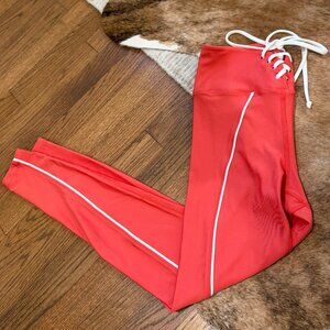 Year of Ours Red Lace-Up High-Waist Leggings with White Piping